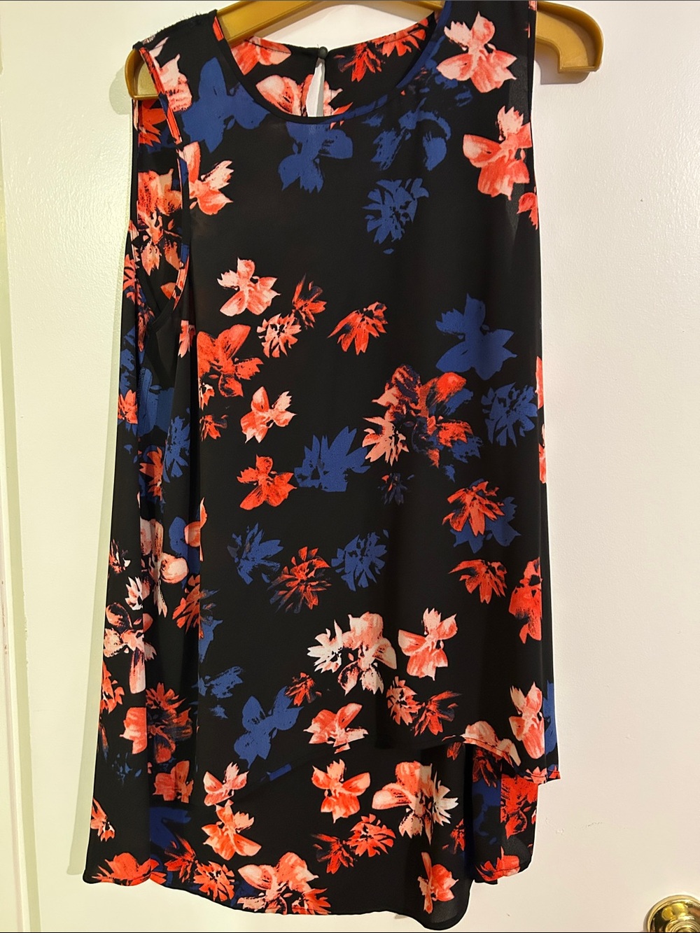 Floral Cold-Shoulder A-Line Dress - Black with Red & Blue Flowers